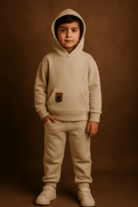 Αγόρι με μονόχρωμο μπεζ σετ φόρμες με φορεμένη κουκούλα