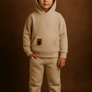 Αγόρι με μονόχρωμο μπεζ σετ φόρμες με φορεμένη κουκούλα