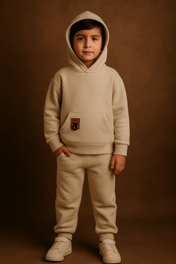 Αγόρι με μονόχρωμο μπεζ σετ φόρμες με φορεμένη κουκούλα