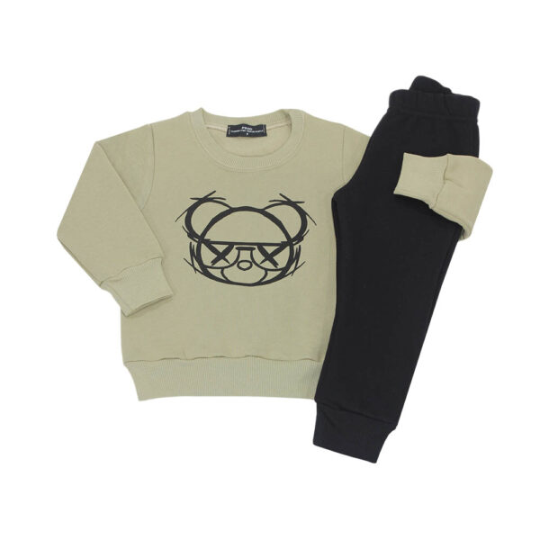 Σετ φόρμες με εκρού μπλούζα με στάμπα αρκούδο και παντελόνι φόρμα μαύρο