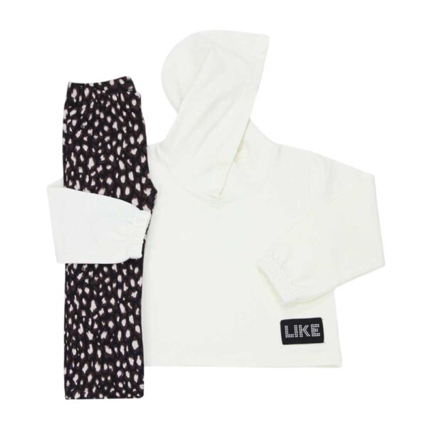 Σετ φόρμες σε άσπρο φούτερ με κουκούλα και κολάν με μαύρο τύπου πουά