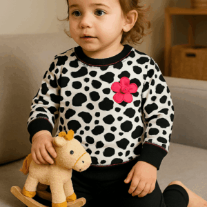 Κορίτσι με απρόμαυρο σετ φόρμες με στάμπα μαργαρίτα και ενα παιχνίδι αλογάκι στο χέρι