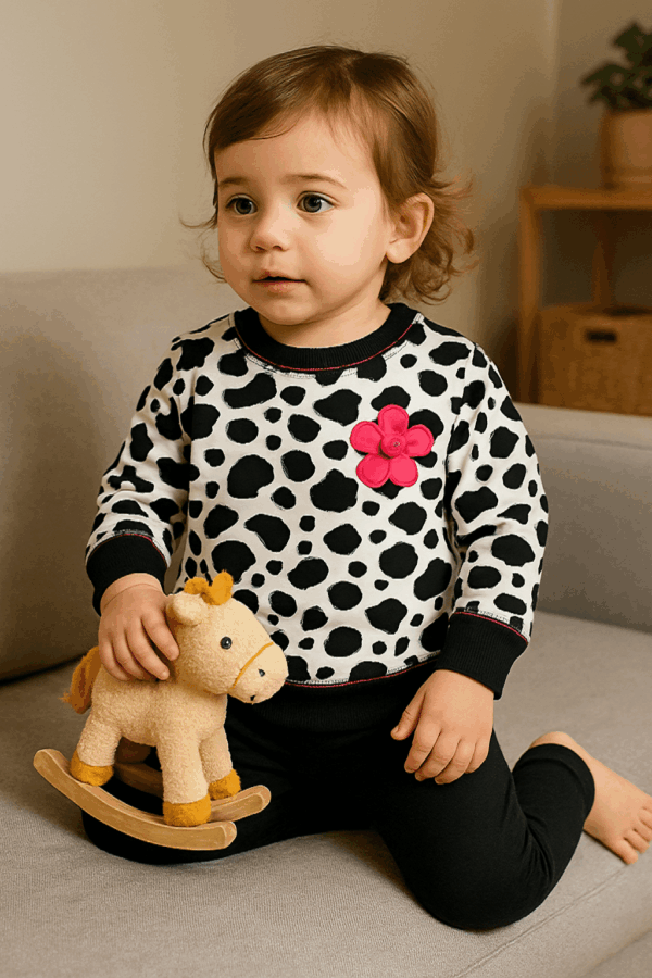 Κορίτσι με απρόμαυρο σετ φόρμες με στάμπα μαργαρίτα και ενα παιχνίδι αλογάκι στο χέρι