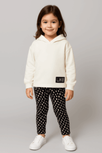 Κορίτσι με σετ φόρμες σε άσπρο φούτερ με κουκούλα και κολάν με μαύρο τύπου πουά