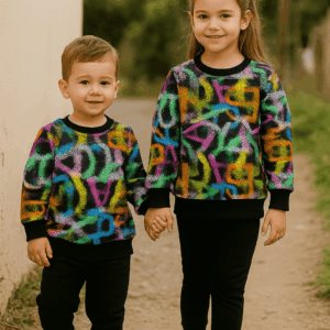 Κορίτσι και αγόρι με πολύχρωμο σετ φόρμες unisex