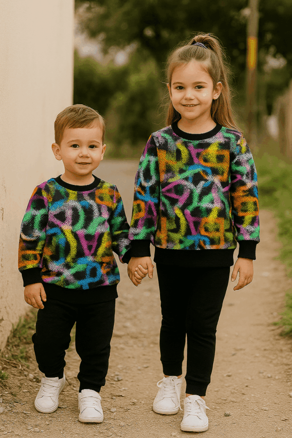 Κορίτσι και αγόρι με πολύχρωμο σετ φόρμες unisex