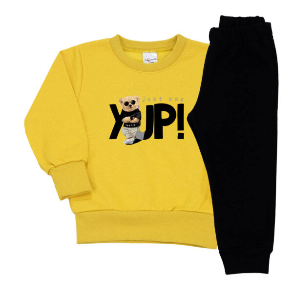 Σετ φόρμες, μπλούζα κίτρινη με στάμπα Yup και μαύρο παντελόνι φόρμα